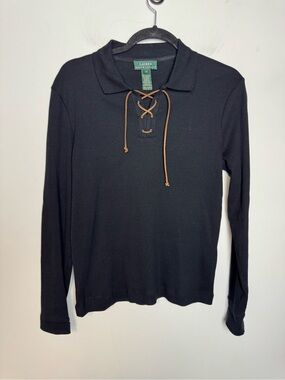 Lauren Ralph Lauren Ribbed Top Black V Neck Laced collar